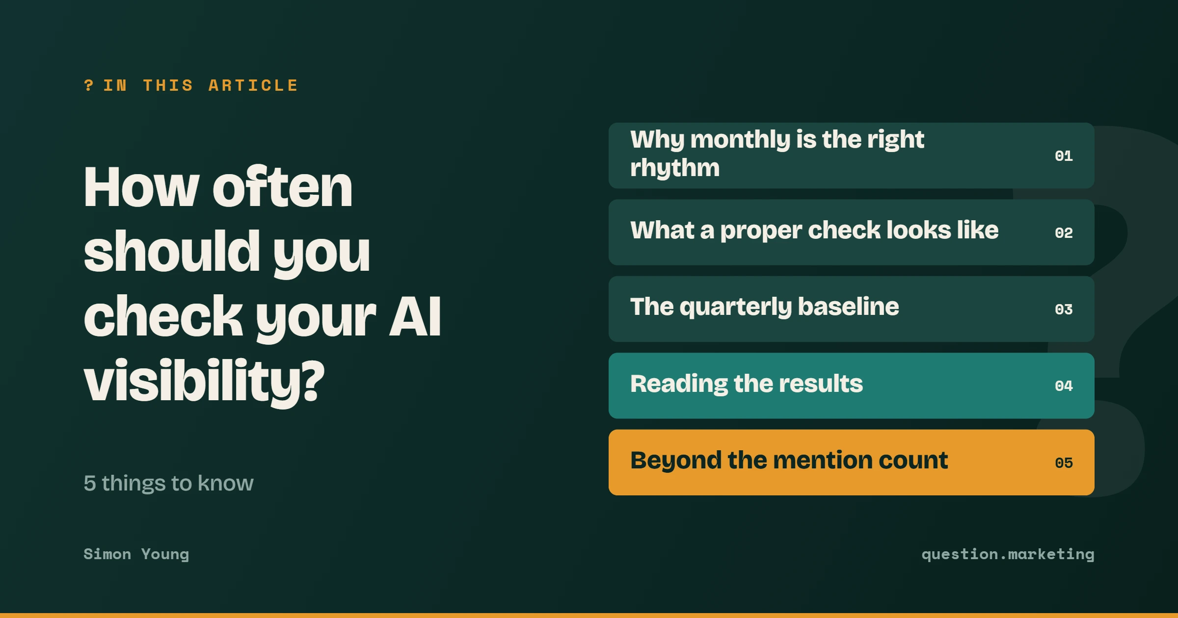 What this article covers: Why monthly is the right rhythm; What a proper check looks like; The quarterly baseline; Reading the results; Beyond the mention count
