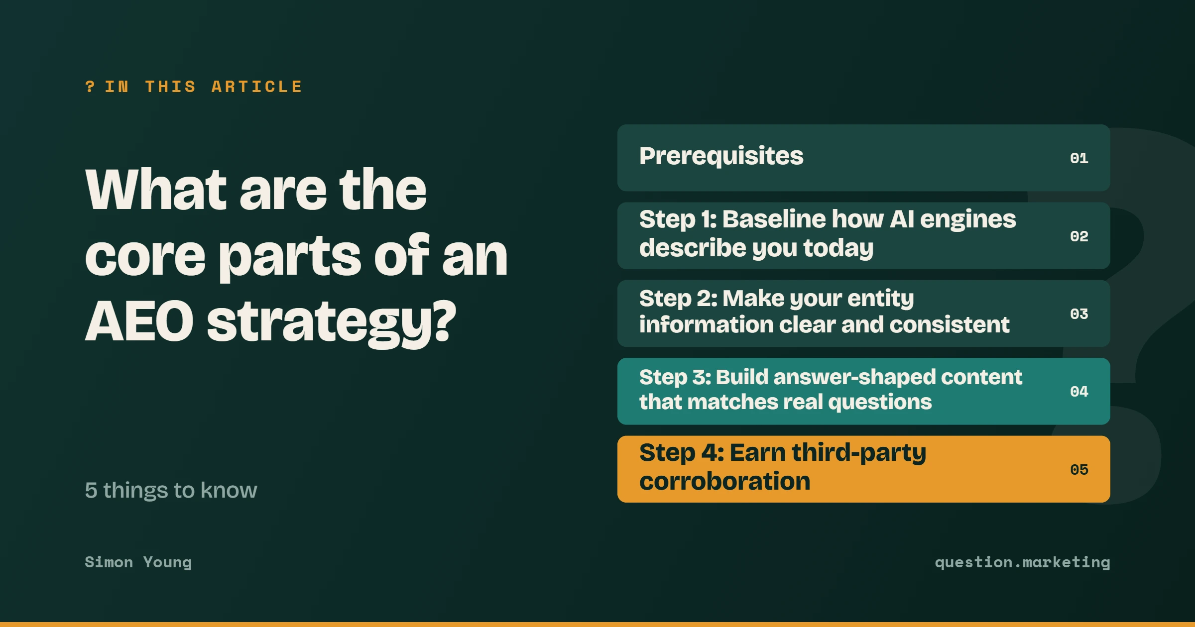 What this article covers: Prerequisites; Step 1: Baseline how AI engines describe you today; Step 2: Make your entity information clear and consistent; Step 3: Build answer-shaped content that matches real questions; Step 4: Earn third-party corroboration